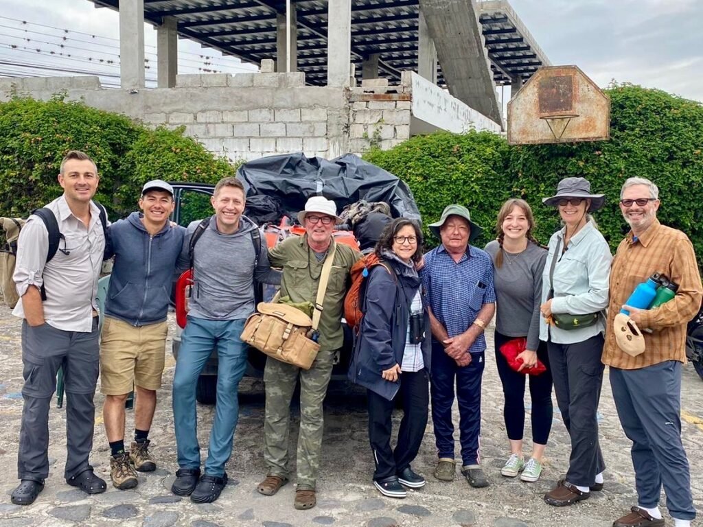 Meeting our team. Esteemed members of the Cofan Tribe: Fede, Emmy and Randy Borman who presides over their community. Our USA delegation: birder + sound engineer Miriam, Jesse a former paster turned life coach, Corvas an immersive experience designer who co-founded MeowWolf, Adisa + myself. 